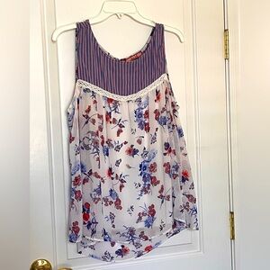 Olive Hill sleeveless boho blouse - attached tank XL blue sml print on beige
